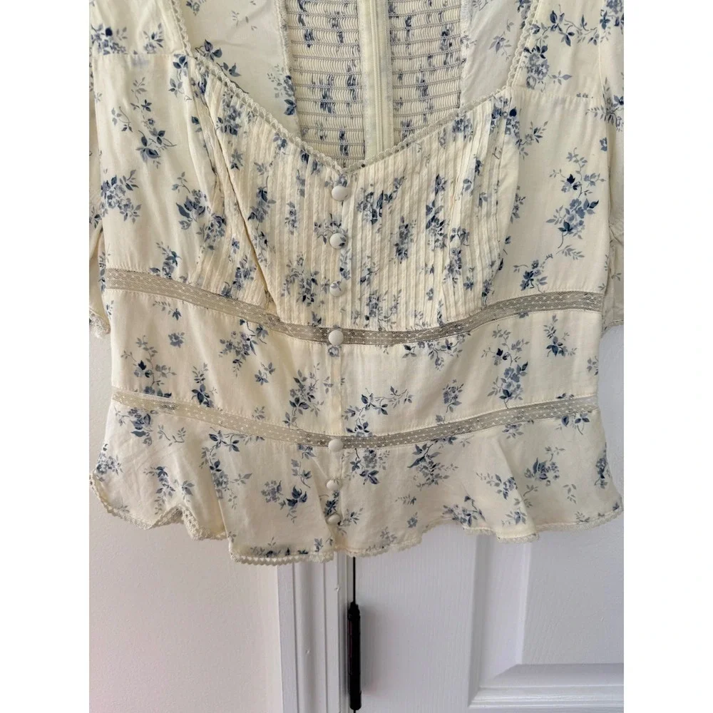 Reformation Cream Floral Square-Neck Peplum Blouse
